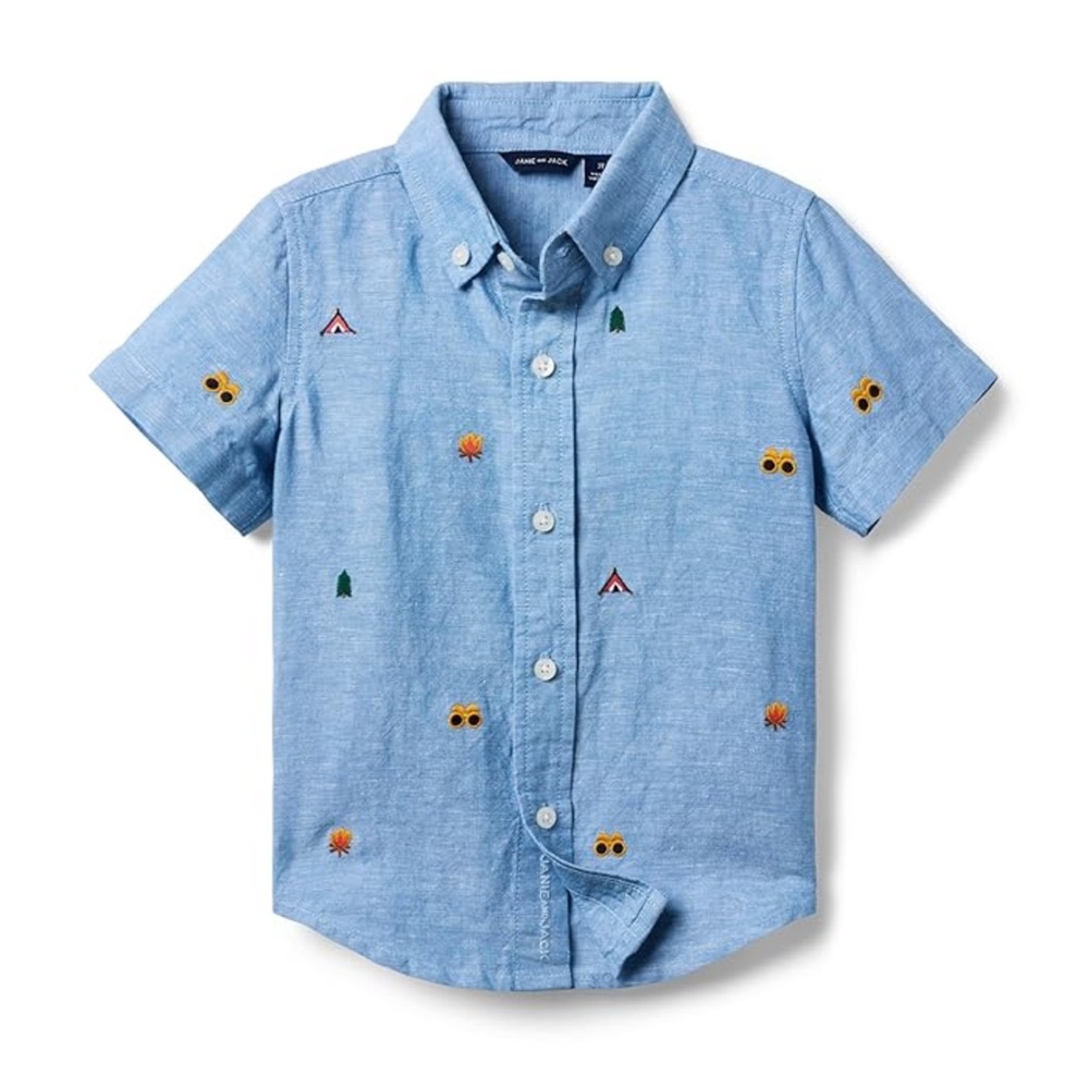 Janie and Jack Blue Button Down Shirt with Embroidered Accents